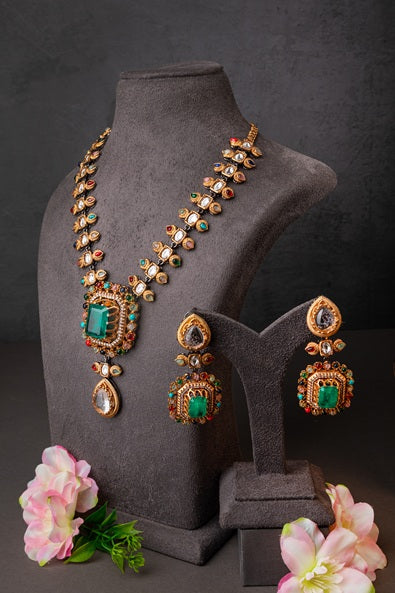 Indo-Western Long Necklace with Multi-Colored Stones Antique Gold Polish 24-Inch Adjustable Chain