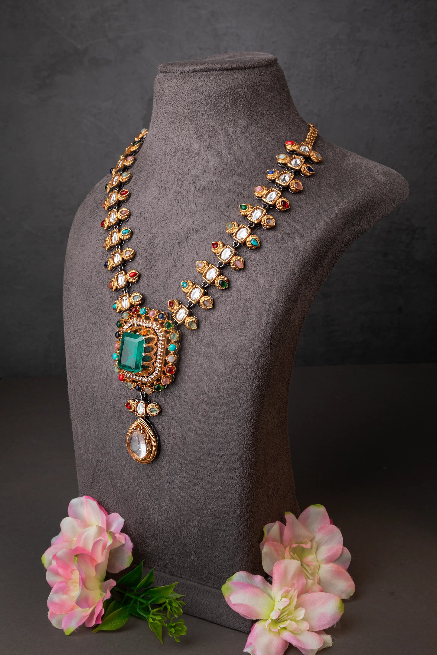 Indo-Western Long Necklace with Multi-Colored Stones  Antique Gold Polish  24-Inch Adjustable Chain