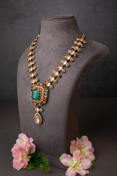 Indo-Western Long Necklace with Multi-Colored Stones  Antique Gold Polish  24-Inch Adjustable Chain