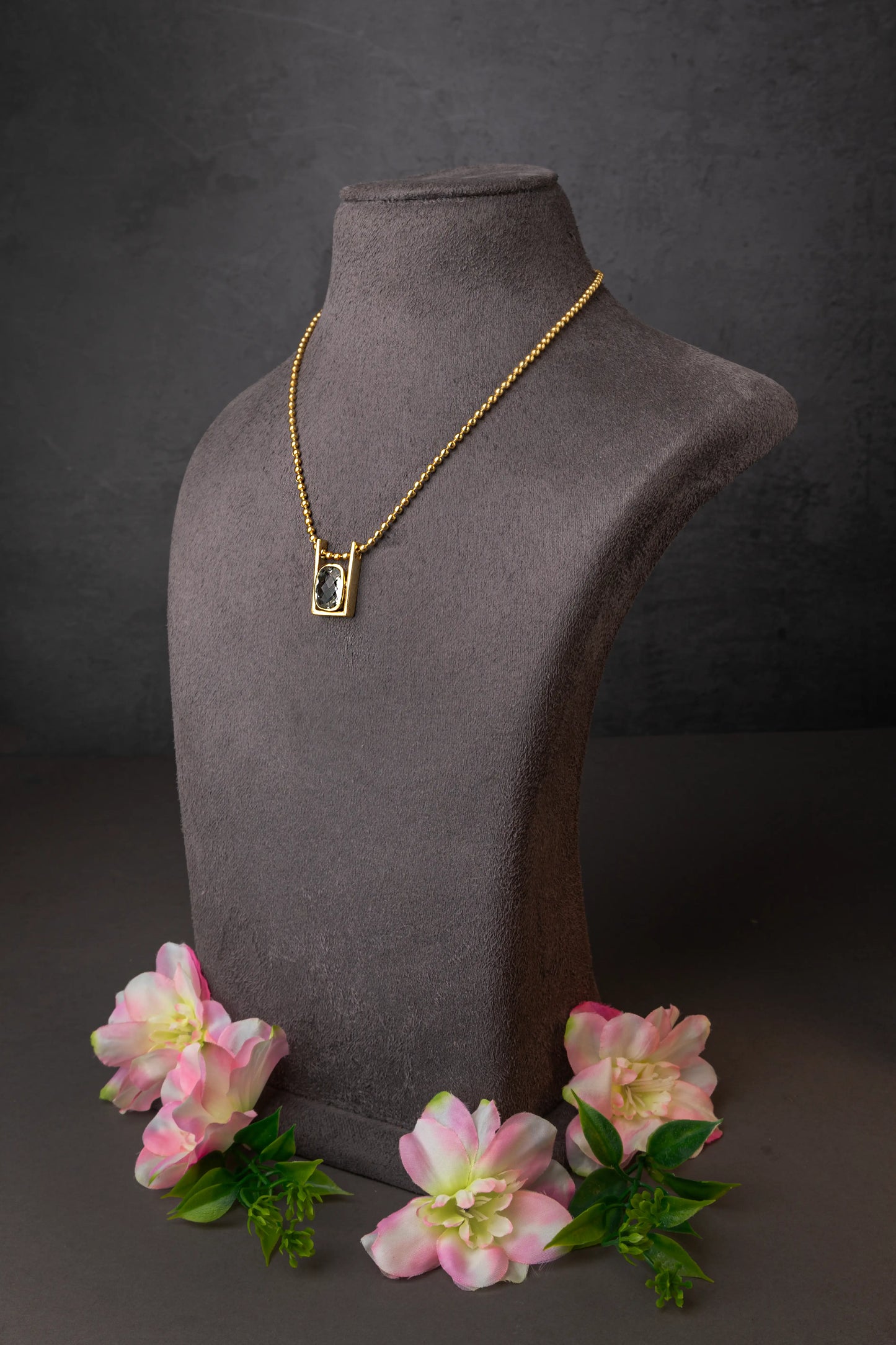 Brass Necklace with Aventurine Blue Stone  Gold Polish Finish  Adjustable  16 Inches