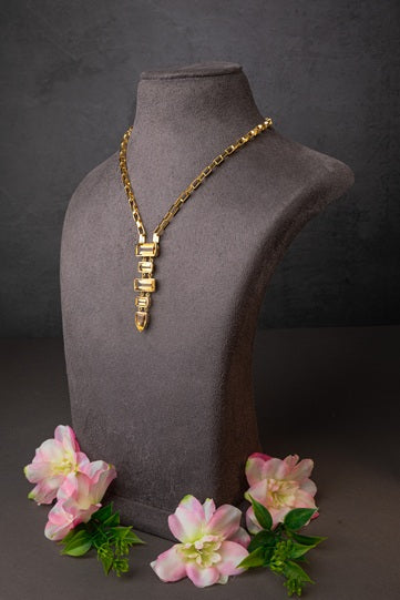 Brass Necklace with Yellow Stone  Gold Polish Finish  Adjustable  20 Inches