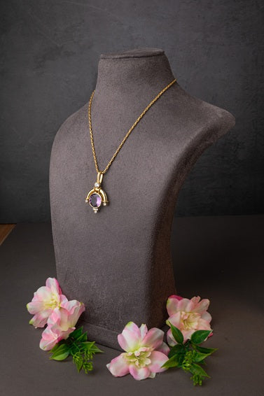 Brass Necklace with Amethyst Stone  Gold Polish Finish  Adjustable  18 Inches