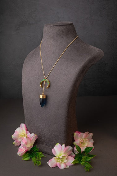 Brass Necklace with Blue Stone Gold Polish Finish Adjustable 20 Inches