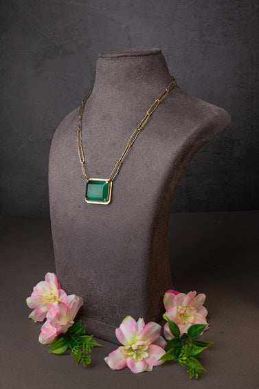 Brass Necklace with Green Doublet Stone  Gold Polish Finish  Adjustable  18 Inches
