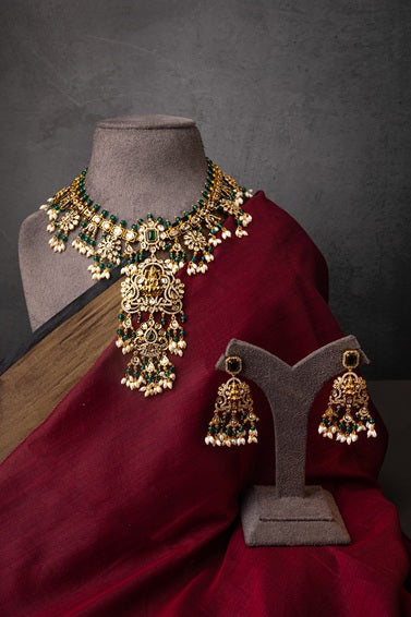 Temple Choker Necklace with Carved Laxmi Mata Antique Gold Polish Adjustable Links Traditional Indian Jewellery