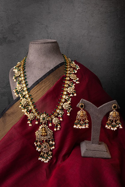 Long Temple Necklace with Carved Laxmi Mata Antique Gold Polish 24-Inch Adjustable Links Traditional Indian Jewellery