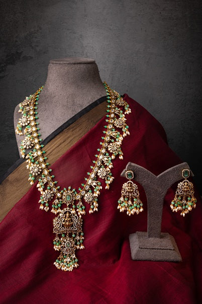 Long Temple Necklace with Carved Laxmi Mata  Antique Gold Polish  24-Inch Adjustable Links  Traditional Indian Jewellery
