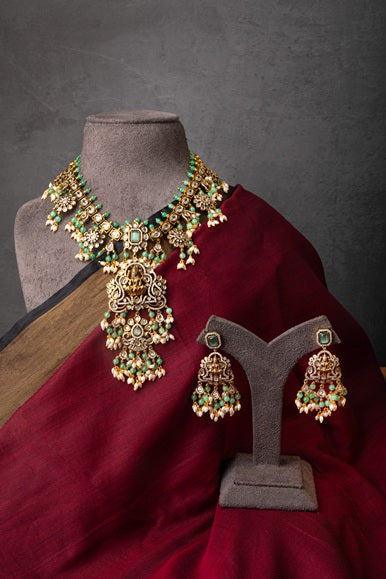 Temple Choker Necklace with Carved Laxmi Mata  Antique Gold Polish  Adjustable Links  Traditional Indian Jewellery