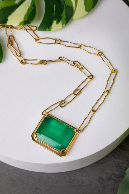 Brass Necklace with Green Doublet Stone  Gold Polish Finish  Adjustable  18 Inches