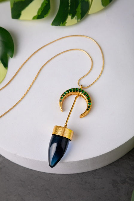 Brass Necklace with Blue Stone  Gold Polish Finish  Adjustable  20 Inches