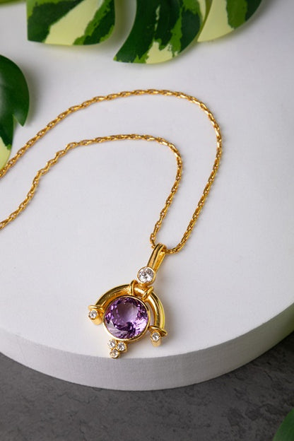 Brass Necklace with Amethyst Stone  Gold Polish Finish  Adjustable  18 Inches