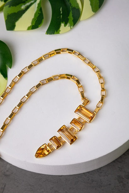 Brass Necklace with Yellow Stone  Gold Polish Finish  Adjustable  20 Inches