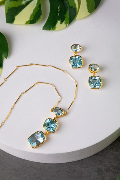 Brass Necklace with Blue Topaz Stone  Gold Polish Finish  Adjustable  18 Inches