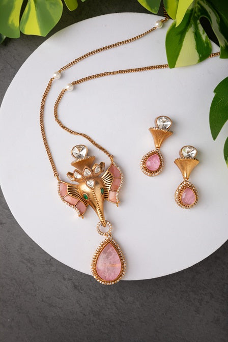 Indowestern Elephant Pendant  Pink Accent  Gold Polish Finish  Adjustable  20 Inches