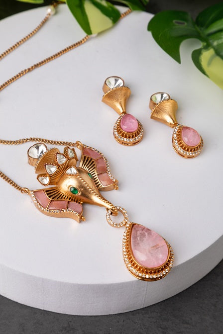 Indowestern Elephant Pendant  Pink Accent  Gold Polish Finish  Adjustable  20 Inches