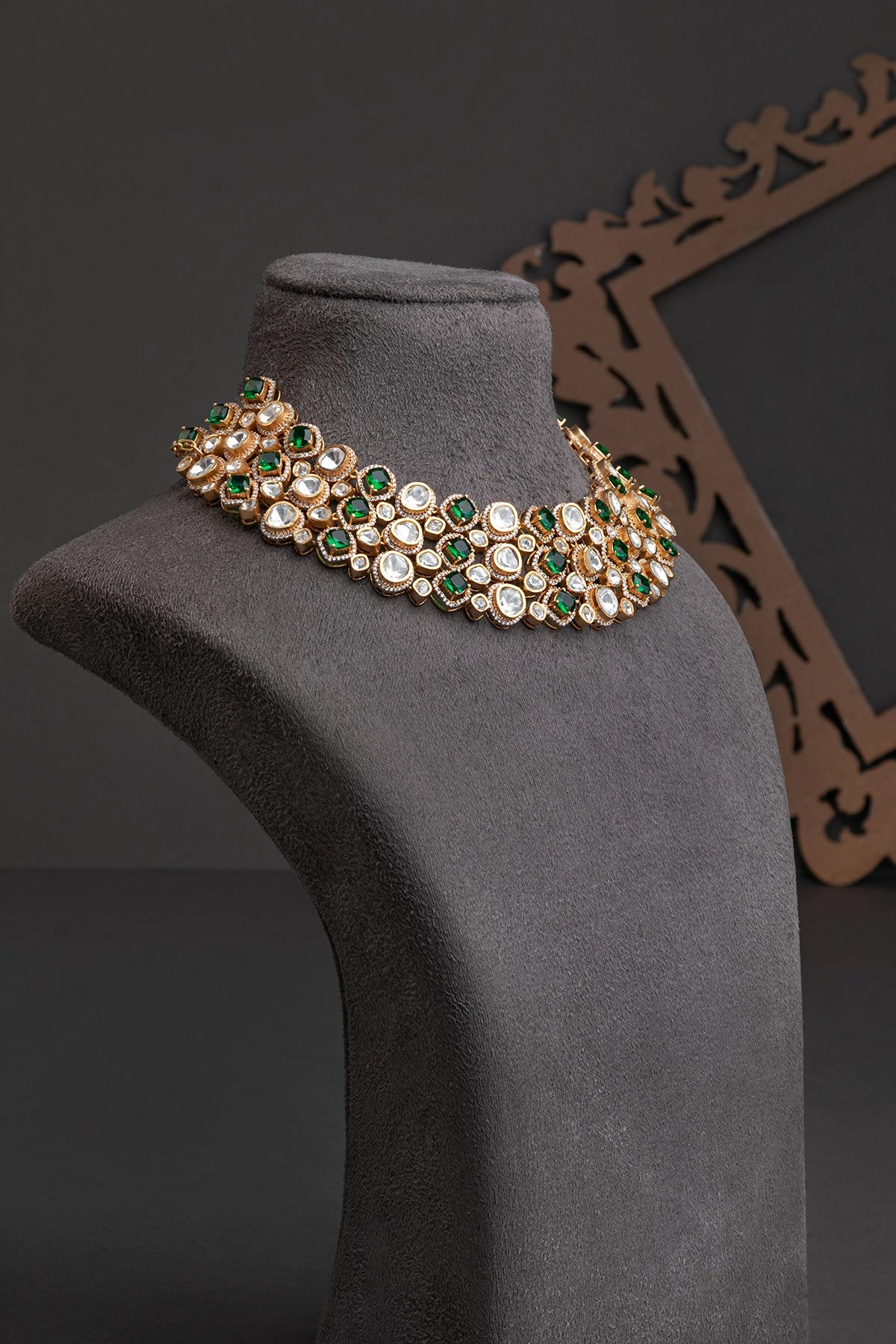 Uncut Polki Jewellery with Emerald Green Stones  Matt Gold Polish  Adjustable Links  Luxury Traditional Jewellery
