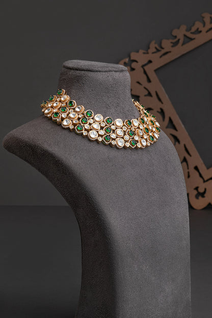 Uncut Polki Jewellery with Emerald Green Stones  Matt Gold Polish  Adjustable Links  Luxury Traditional Jewellery