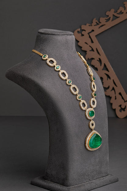 Elegant Cubic Zircon Jewellery Necklace with Highlighting Green Stone  Gold Polish  24-Inch Adjustable Necklace