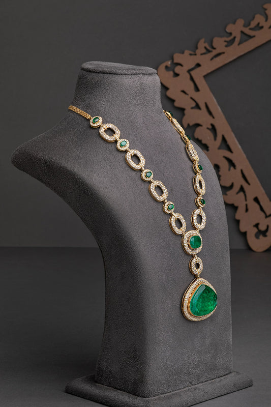 Elegant Cubic Zircon Jewellery Necklace with Highlighting Green Stone  Gold Polish  24-Inch Adjustable Necklace