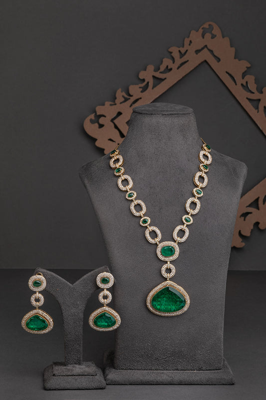 Elegant Cubic Zircon Jewellery Necklace with Highlighting Green Stone  Gold Polish  24-Inch Adjustable Necklace
