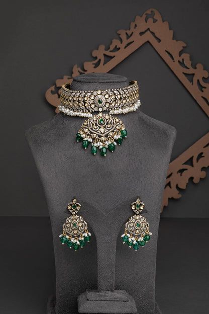 Victorian Choker with Uncut Polki  Adjustable Threads  Handcrafted Gold-Polished Traditional Jewellery