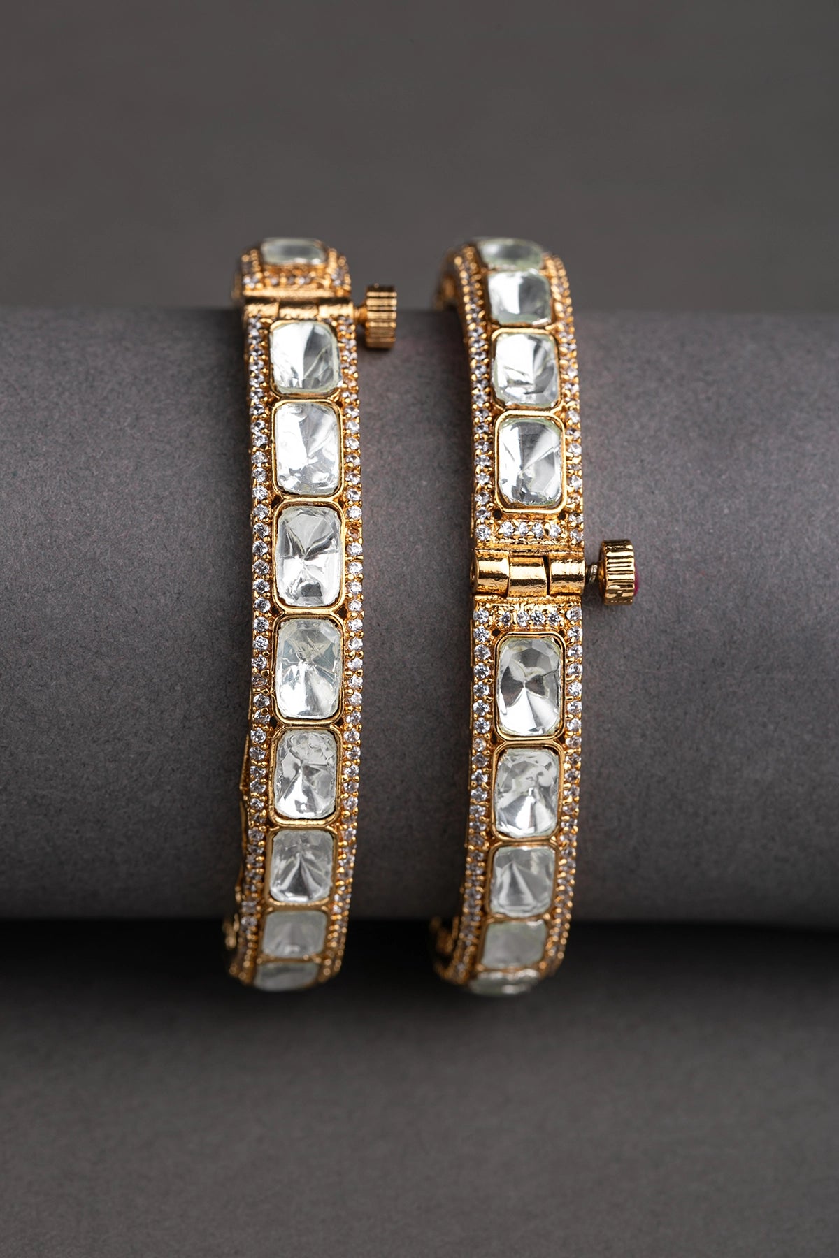 Jadau Rectangular Kundan Polki Bangles with Cubic Zirconia Gold Polish Openable Size 2.2