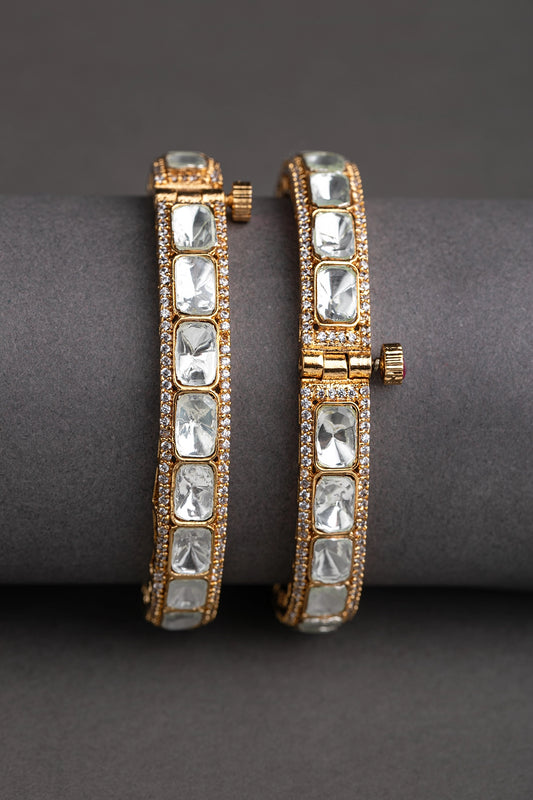 Jadau Rectangular Kundan Polki Bangles with Cubic Zirconia Gold Polish Openable Size 2.2