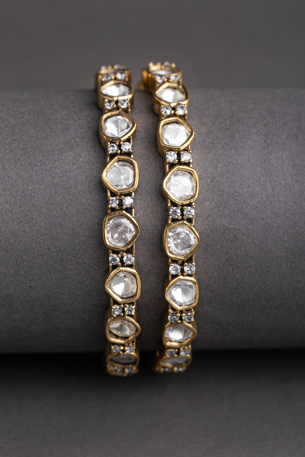 Jadau Polki Kundan Stackable Bangles with Cubic Zirconia Victorian Gold Polish Size 2.4