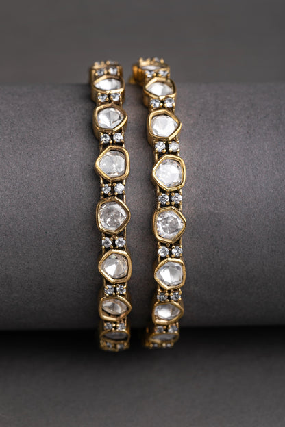 Jadau Polki Kundan Stackable Bangles with Cubic Zirconia Victorian Gold Polish Size 2.4