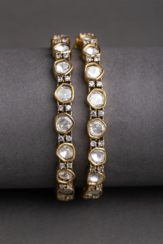 Jadau Polki Kundan Stackable Bangles with Cubic Zirconia Victorian Gold Polish Size 2.4