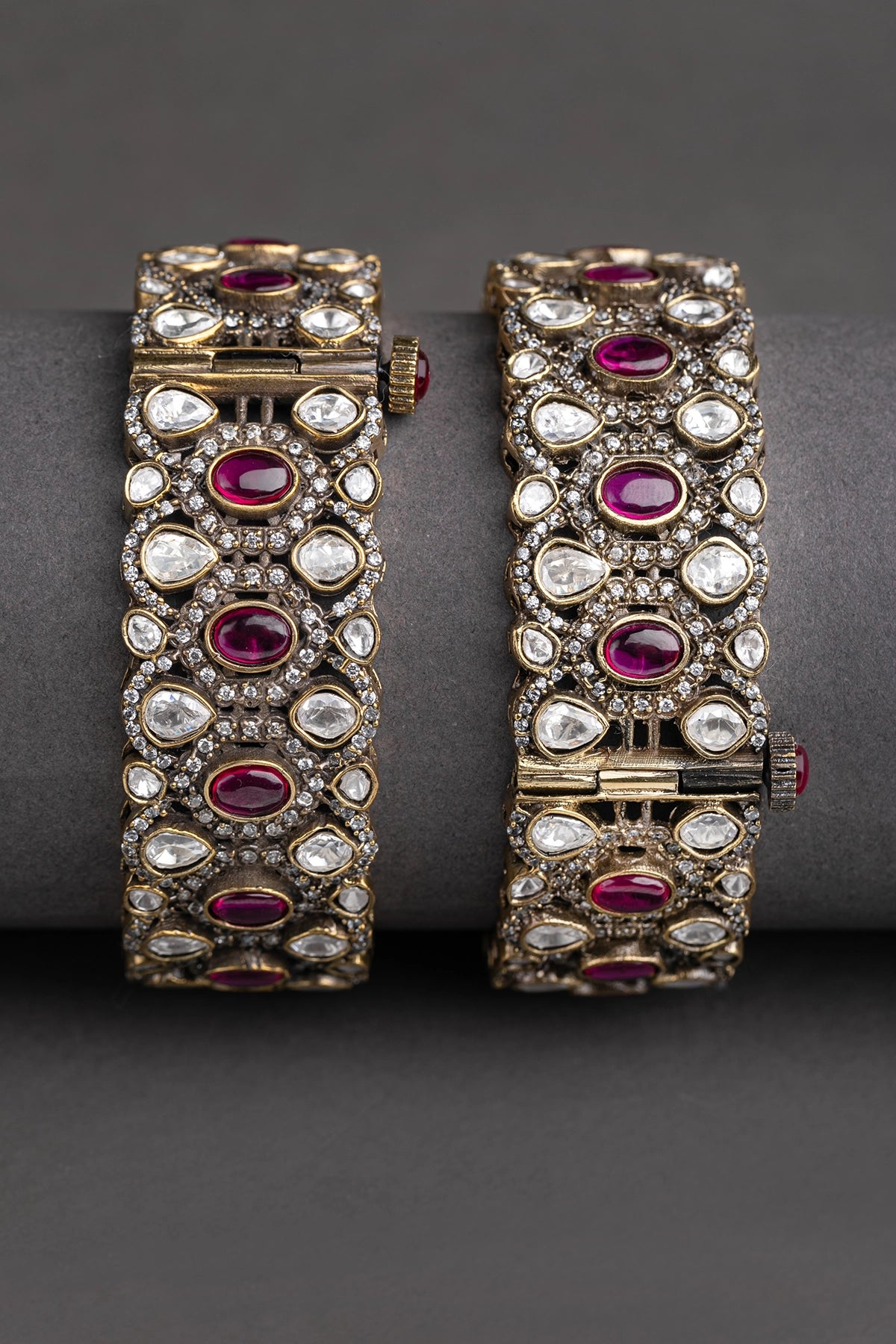 Polki Kundan Kadas with Maroon Stone Victorian Gold Polish Openable Size 2.6