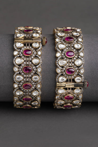 Polki Kundan Kadas with Maroon Stone Victorian Gold Polish Openable Size 2.6