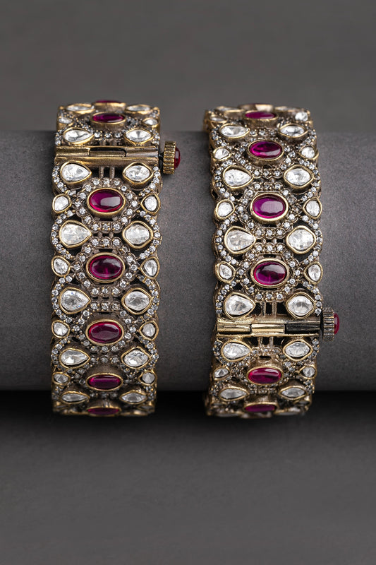 Polki Kundan Kadas with Maroon Stone Victorian Gold Polish Openable Size 2.6
