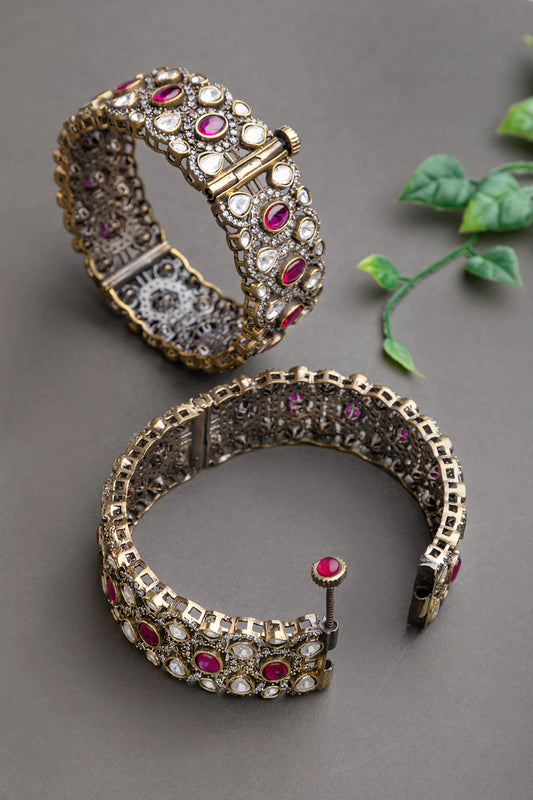 Polki Kundan Kadas with Maroon Stone  Victorian Gold Polish  Openable  Size 2.6