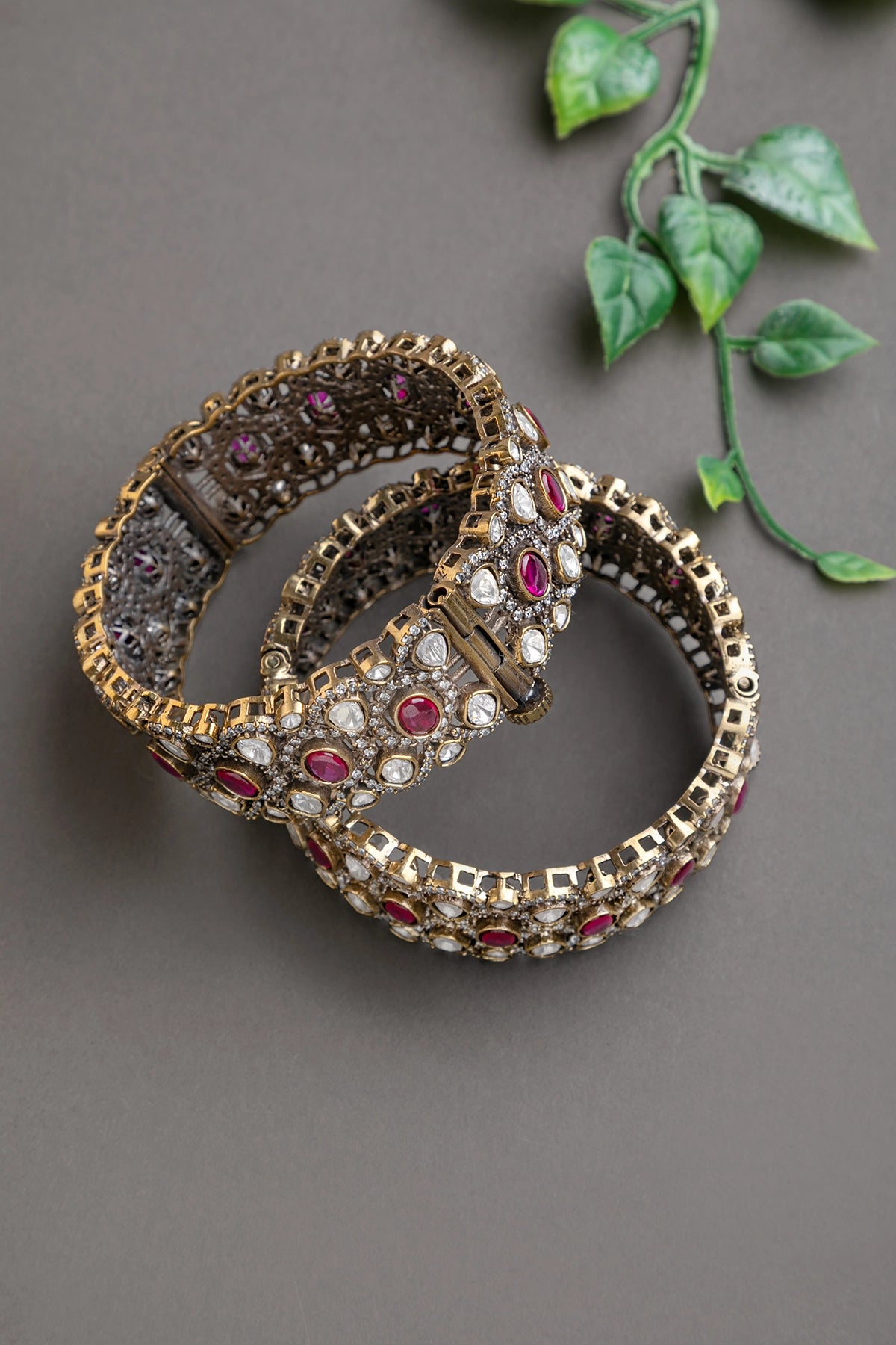 Polki Kundan Kadas with Maroon Stone  Victorian Gold Polish  Openable  Size 2.6