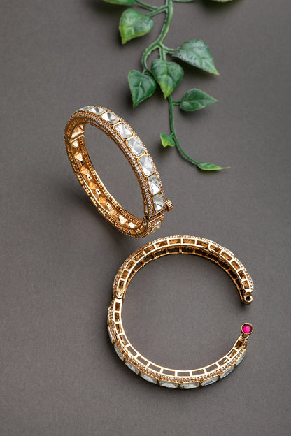 Jadau Rectangular Kundan Polki Bangles with Cubic Zirconia  Gold Polish  Openable  Size 2.2