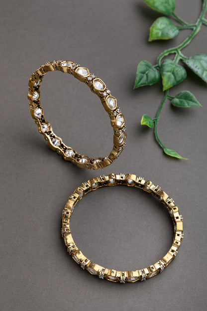 Jadau Polki Kundan Stackable Bangles with Cubic Zirconia  Victorian Gold Polish  Size 2.4