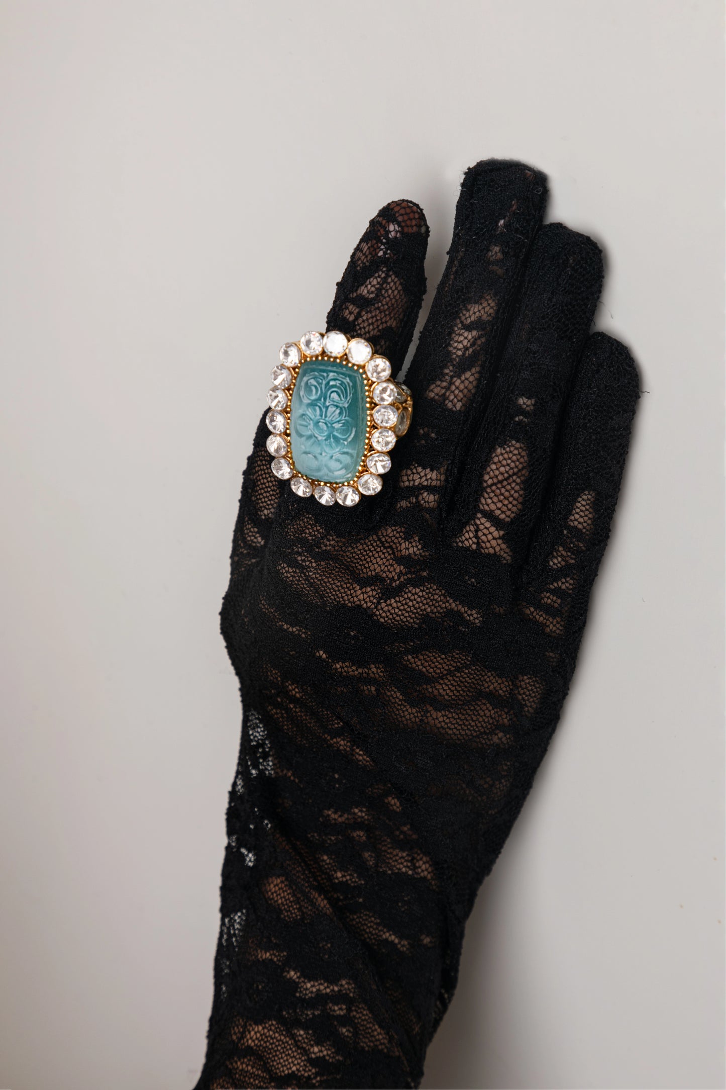 Kundan Ring with Monalisa & Pastel Blue Stones  Gold Finish  Adjustable Size