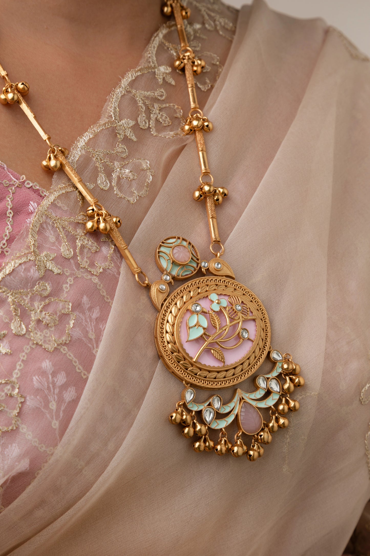 Indo-Western Long Necklace in Pastel Pink Enamel  Matt Gold Polish  24-Inch Adjustable Chain