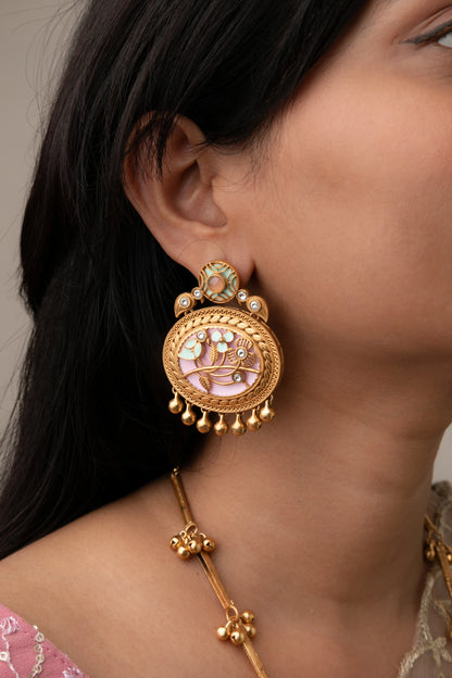 Indo-Western Long Necklace in Pastel Pink Enamel  Matt Gold Polish  24-Inch Adjustable Chain