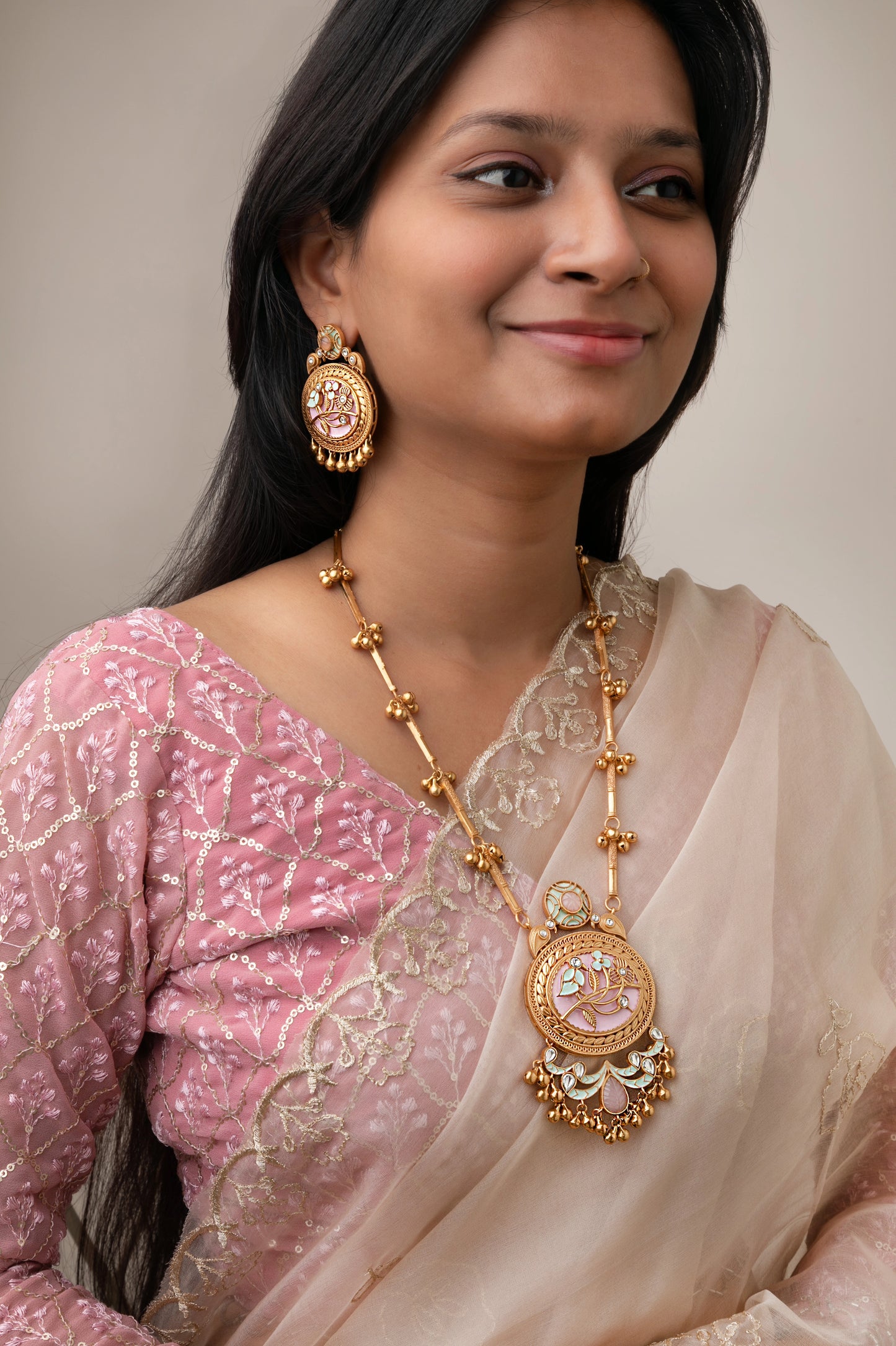 Indo-Western Long Necklace in Pastel Pink Enamel  Matt Gold Polish  24-Inch Adjustable Chain