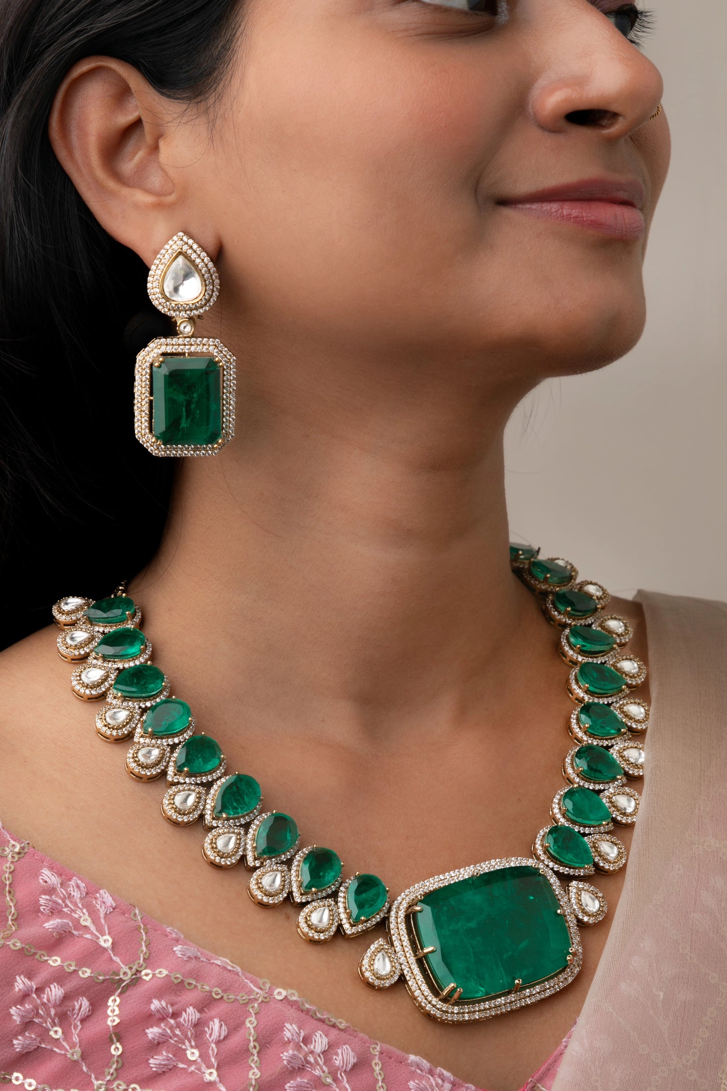 Indo-Western Kundan Necklace with Green Stone  Victorian Gold Polish  18-Inch Adjustable Chain