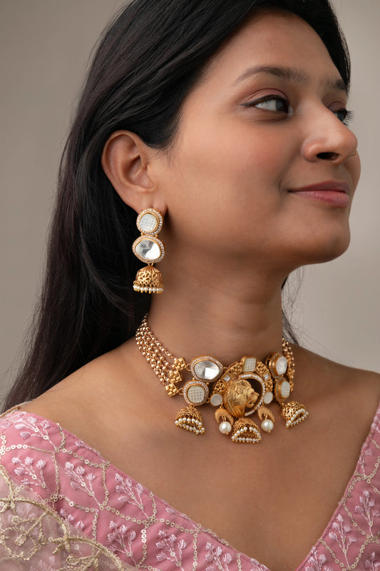 Lion-Shaped Kundan Choker Necklace with Pearl Detailing Matt Gold Polish Adjustable Chain