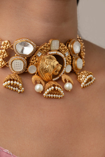 Lion-Shaped Kundan Choker Necklace with Pearl Detailing  Matt Gold Polish  Adjustable Chain