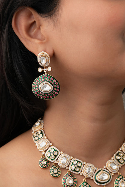 Bridal Kundan Necklace with Green Stones & White Moti Border  Gold Polish  6-Inch Adjustable Thread