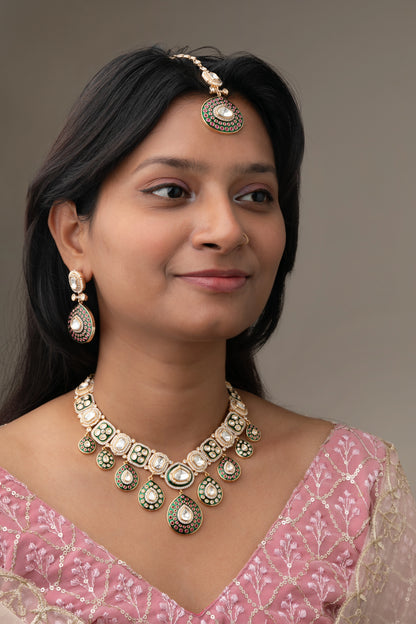 Bridal Kundan Necklace with Green Stones & White Moti Border  Gold Polish  6-Inch Adjustable Thread