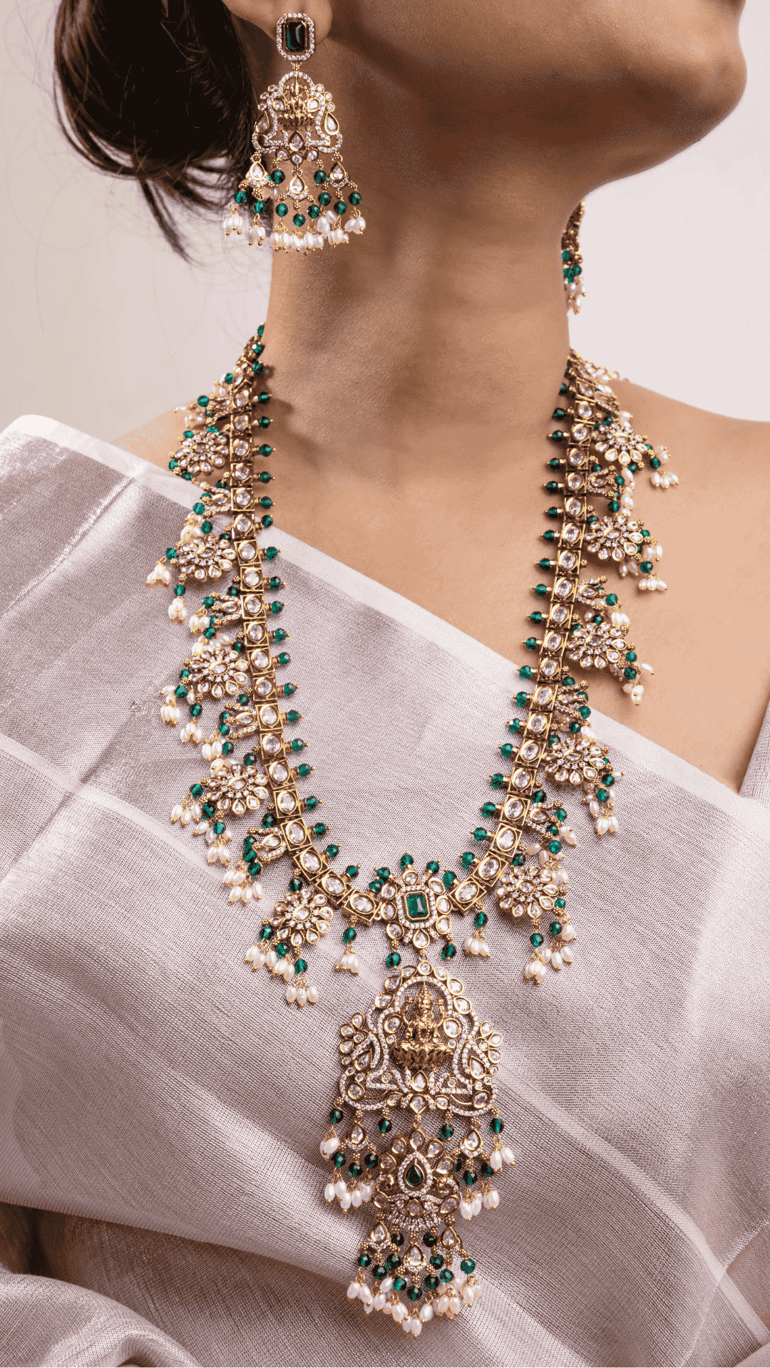 Long Temple Necklace with Carved Laxmi Mata  Antique Gold Polish  24-Inch Adjustable Links  Traditional Indian Jewellery