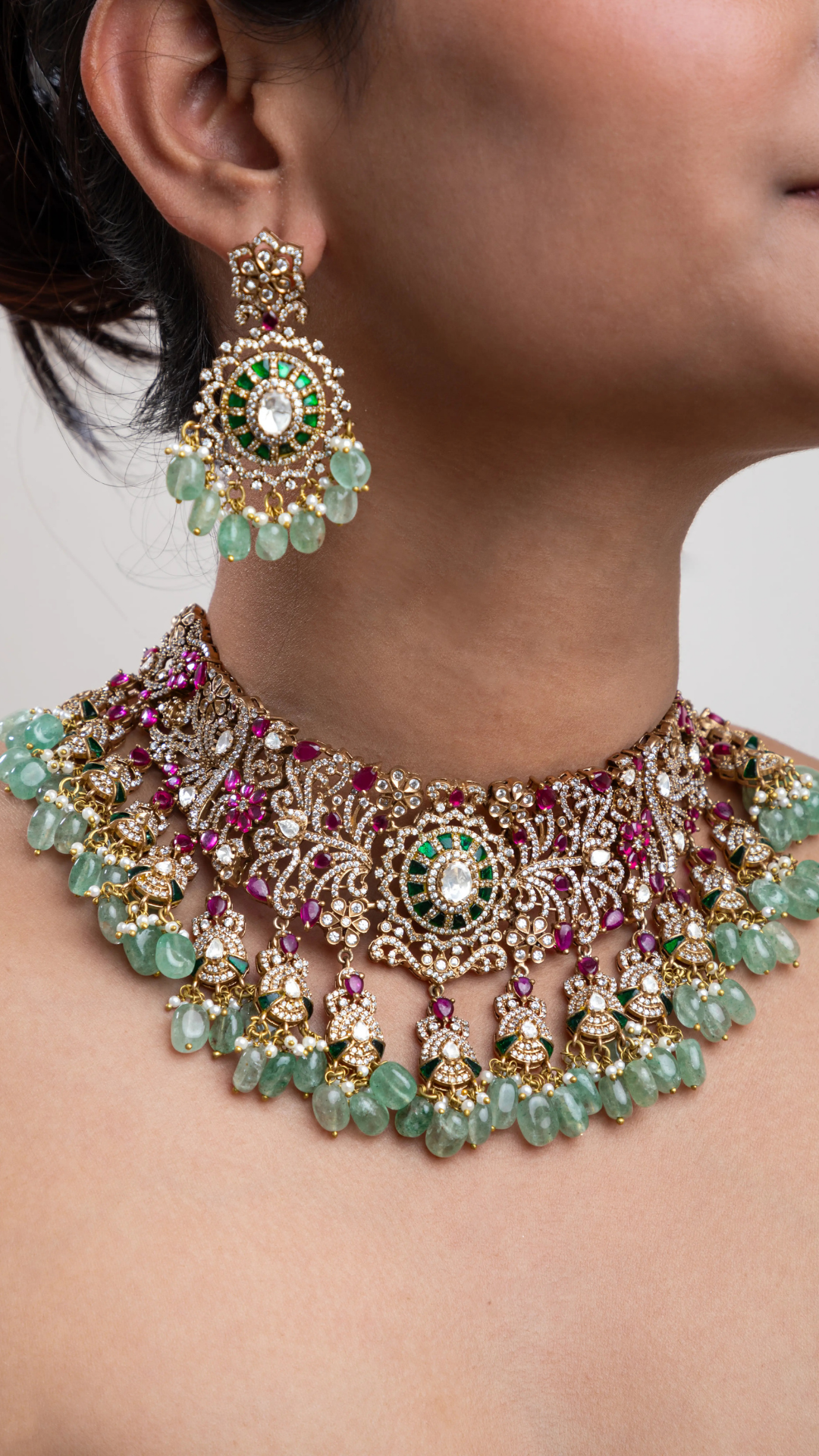 Kundan Polki Necklace with Pink Semi-Precious Stone Matt Gold Polish Adjustable Thread