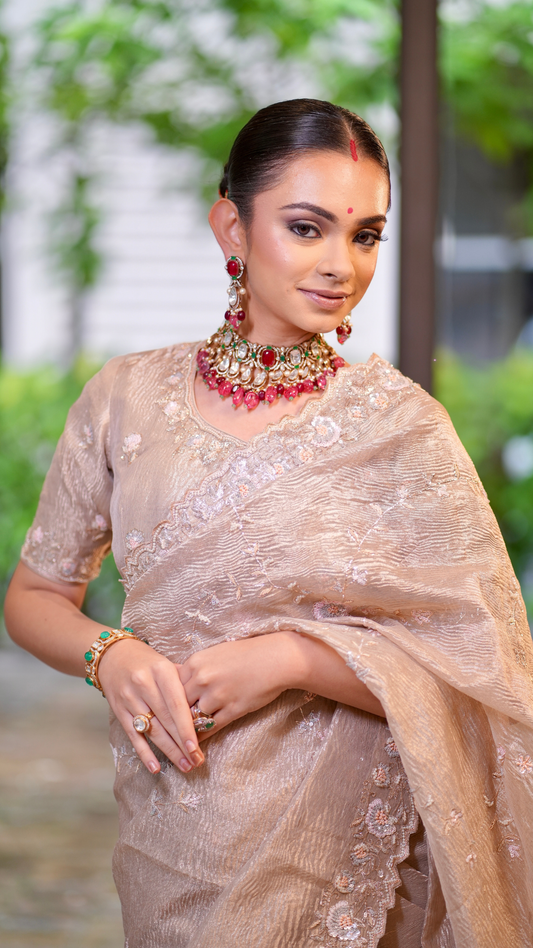 Indo-Western Choker Necklace with Ruby Red Semi-Precious Stone  Matt Gold Polish  Adjustable Thread